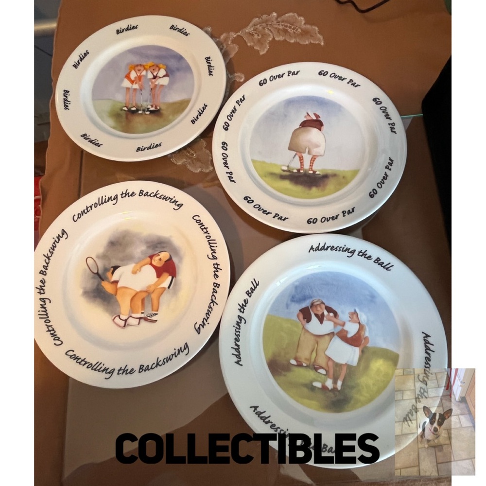 Lot of 4 Erika Oller Hand Painted Collectible Plates, Golf and Tennis Theme